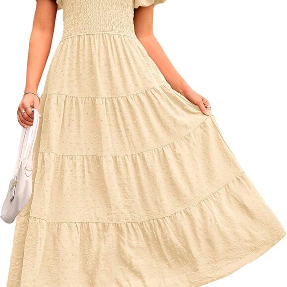 Dresses & Skirts - Women's Summer Casual Midi Dress Swiss Dot Puff Sleeve Flowy A Line